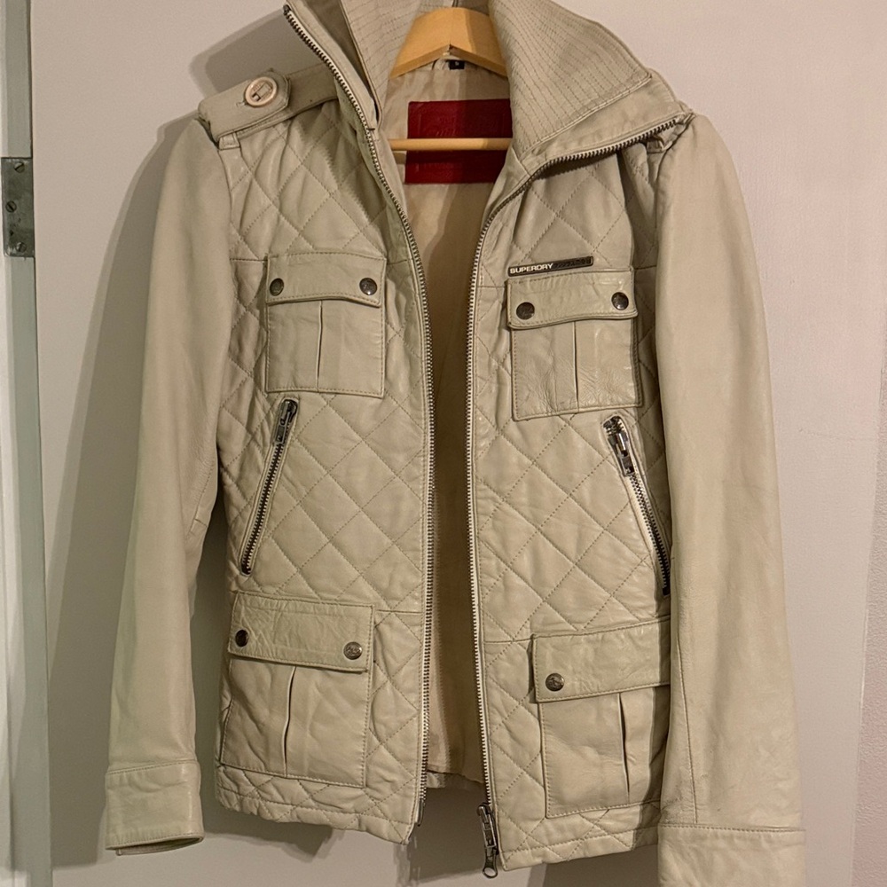 Superdry off-white genuine leather motorcycle jacket